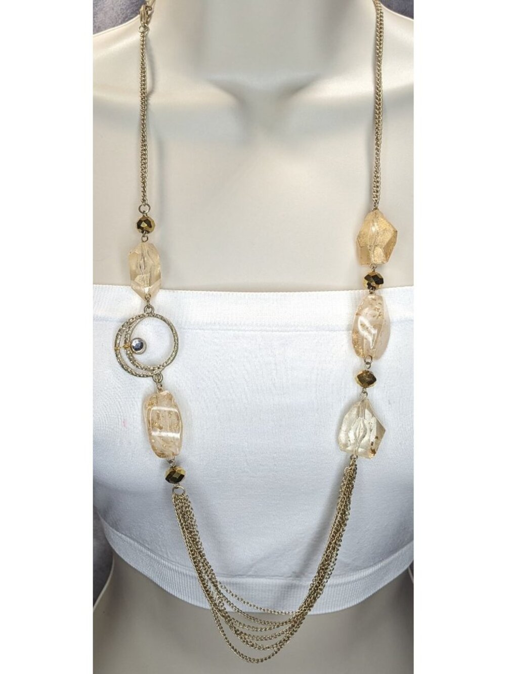 Boho Glam Gold Tone Crystal Chunky Bead Layered Chain Long Statement Necklace
